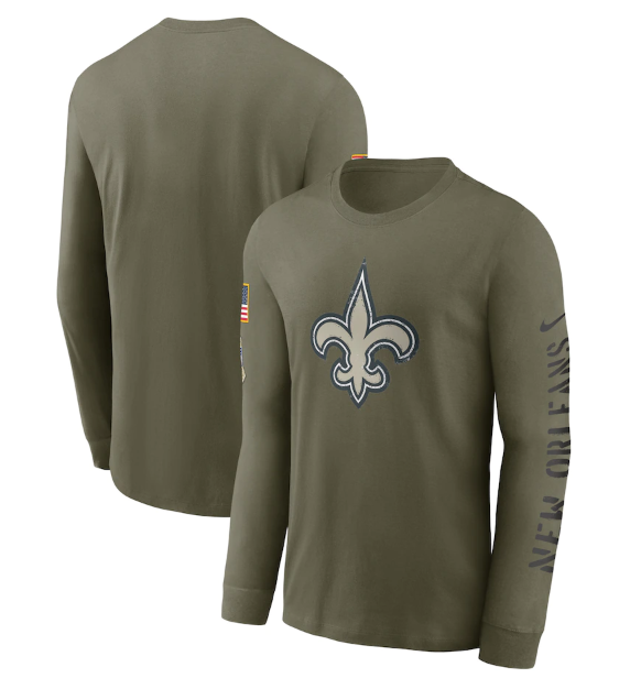 Men's New Orleans Saints Olive 2022 Salute to Service Long Sleeve T-Shirt Men's New Orleans Saints Olive 2022 Salute to Service Long Sleeve T-Shirt